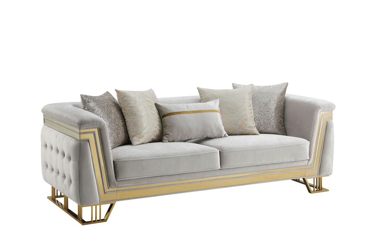 Judy Sofa by Cosmos Furniture featuring modern tufted upholstery and gold accents; sofa (92×38×32)