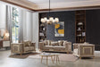 Kate Living Room Set by Cosmos Furniture with tufted upholstery and gold accents; includes sofa (92×36×30), loveseat (69×36×30), and chair (45×36×30).