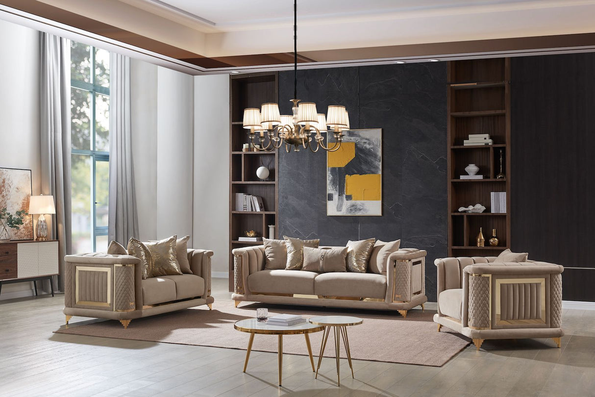 Kate Living Room Set by Cosmos Furniture with tufted upholstery and gold accents; includes sofa (92×36×30), loveseat (69×36×30), and chair (45×36×30).