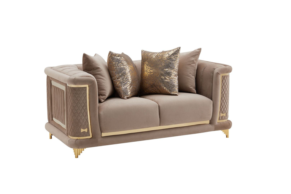 Kate Loveseat by Cosmos Furniture with tufted upholstery and gold accents, loveseat (69×36×30)