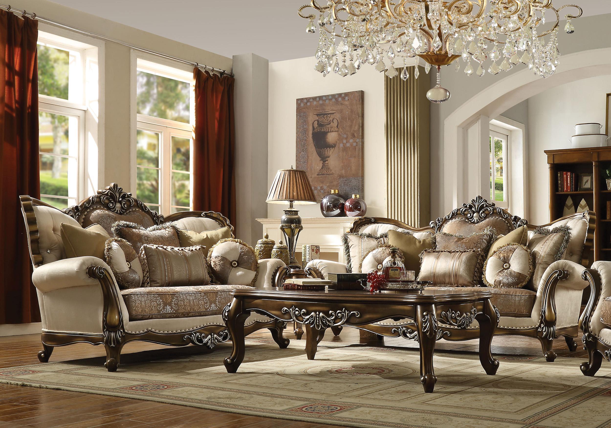 Formal traditional sofa set 2pc antique sofa loveseat cherry finish crystal tufting back outlet cushioned couch set