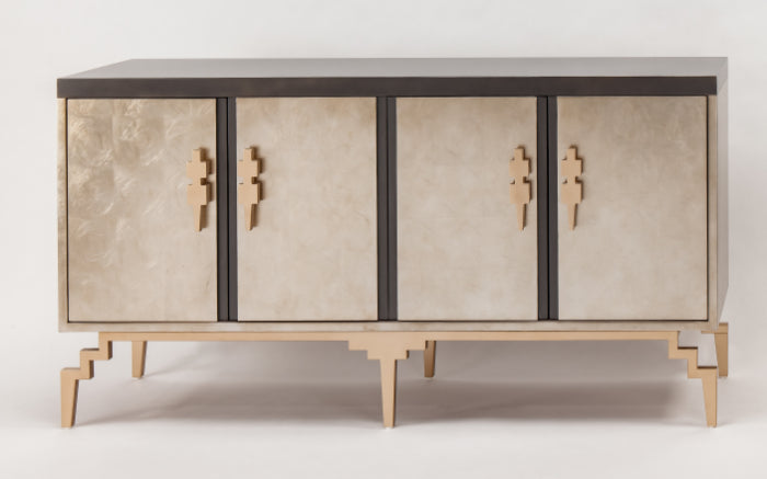 Decorative cabinet with beige panels and gold accents on a white background Home Elegance USA