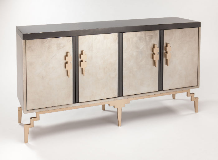 Modern sideboard with metallic finish and geometric design on a white background Home Elegance USA