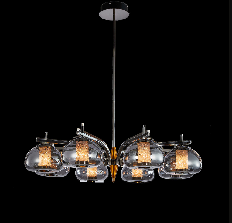 Ember 8-Light LED Gold Chandelier with Smoked Glass Domes and Sculptural Arms