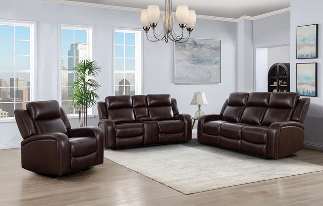 Logan Motion Living Room Set including P2 Italian leather sofa (86×40×43), loveseat with console (79×40×43), and power recliner (39×40×43). Dual power recline included.
