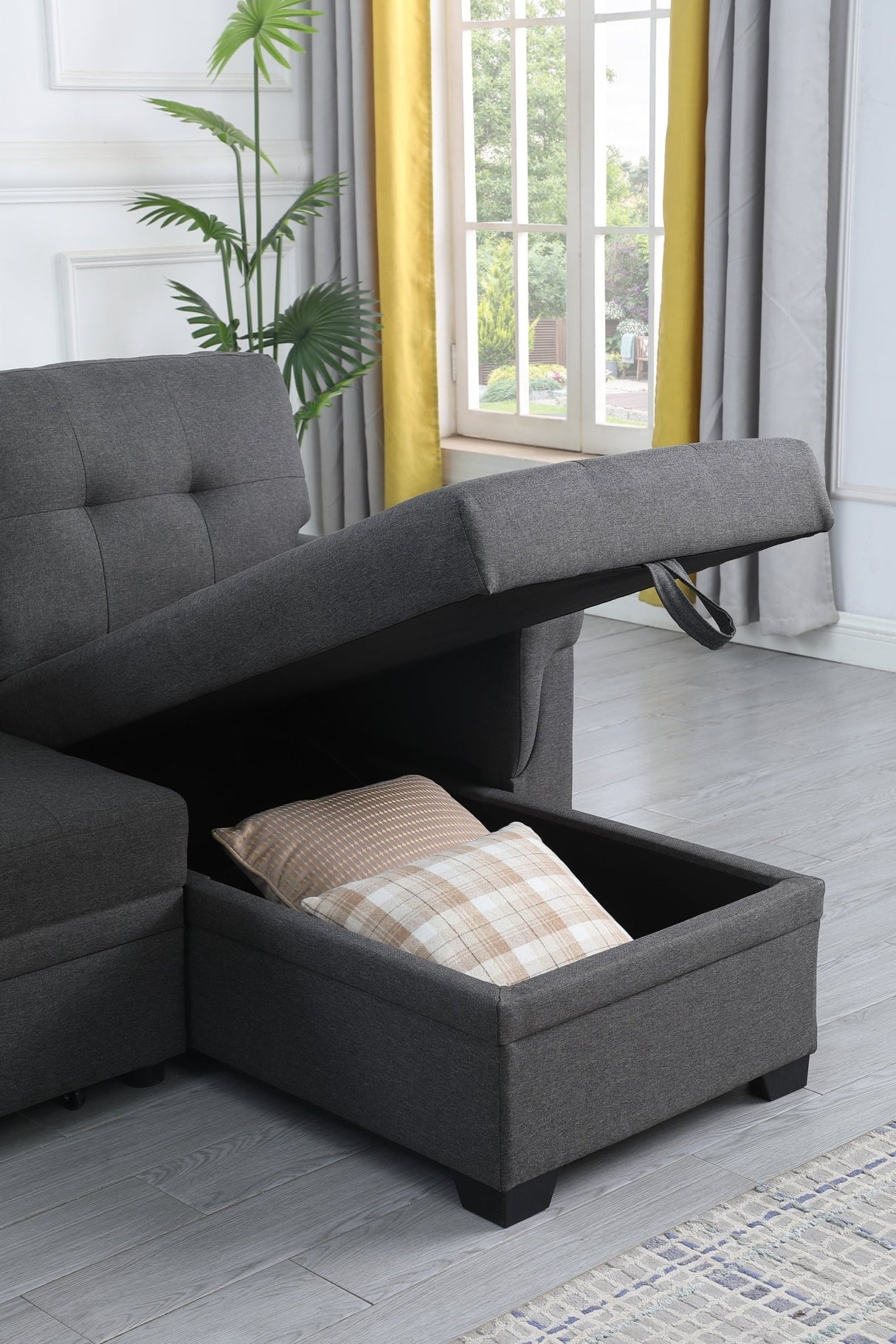 Lucca Dark Gray Linen Reversible Sleeper Sectional Sofa with Storage Chaise - Home Elegance USA