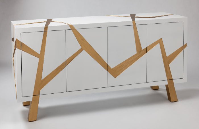 Luxury Snow White Cabinet with Brushed Gold Accents - Handpainted, 72x16x36, 4-Door Storage - Home Elegance USA