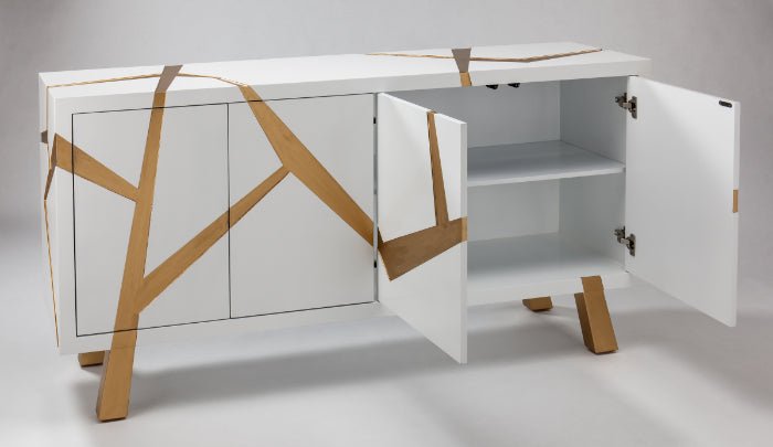 Luxury Snow White Cabinet with Brushed Gold Accents - Handpainted, 72x16x36, 4-Door Storage - Home Elegance USA