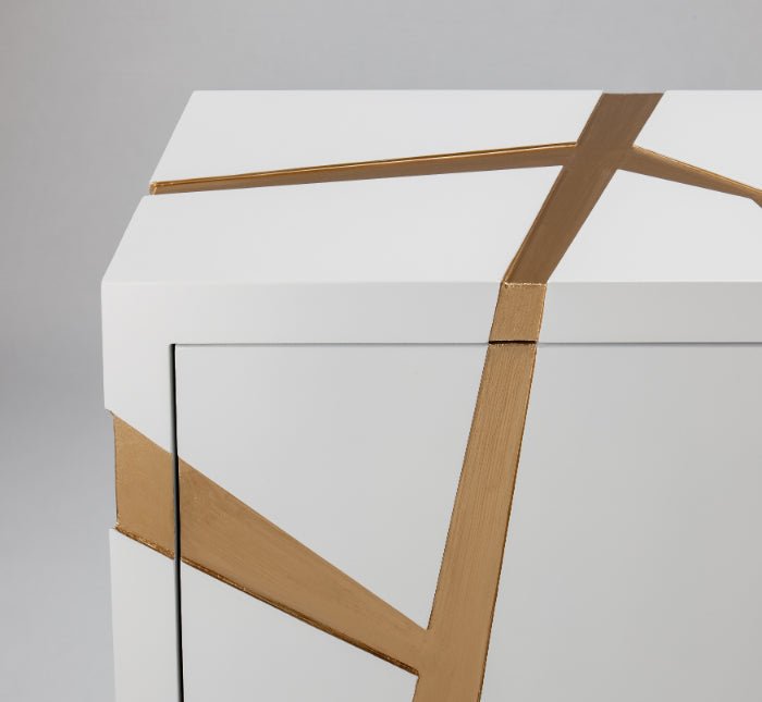 Luxury Snow White Cabinet with Brushed Gold Accents - Handpainted, 72x16x36, 4-Door Storage - Home Elegance USA