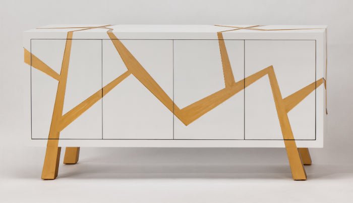 Luxury Snow White Cabinet with Brushed Gold Accents - Handpainted, 72x16x36, 4-Door Storage - Home Elegance USA