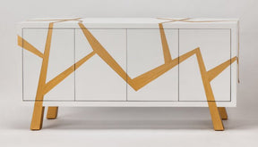 Luxury Snow White Cabinet with Brushed Gold Accents - Handpainted, 72x16x36, 4-Door Storage - Home Elegance USA