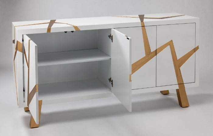 Luxury Snow White Cabinet with Brushed Gold Accents - Handpainted, 72x16x36, 4-Door Storage - Home Elegance USA