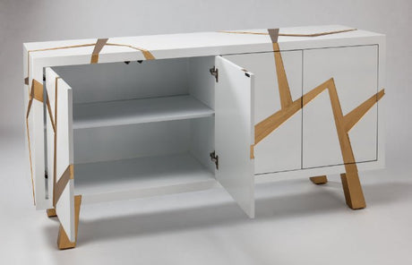 Luxury Snow White Cabinet with Brushed Gold Accents - Handpainted, 72x16x36, 4-Door Storage - Home Elegance USA