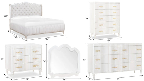 Madona King 6-piece transitional bedroom set in pearl finish with tufted headboard, solid wood frame, and elegant gold hardware by Cosmos Furniture 597110610