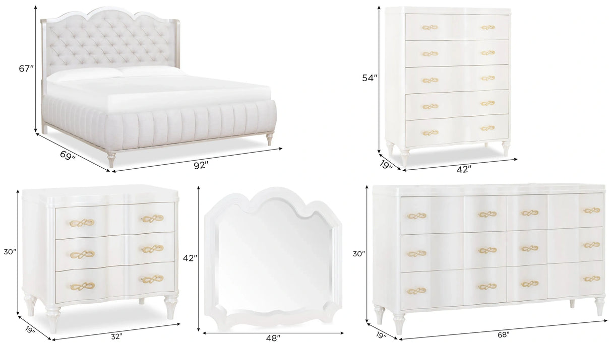 Madona Queen 6-piece transitional bedroom set in pearl finish with tufted headboard, solid wood frame, and elegant gold hardware by Cosmos Furniture 592110610