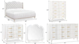 Madona Queen 6-piece transitional bedroom set in pearl finish with tufted headboard, solid wood frame, and elegant gold hardware by Cosmos Furniture 592110610