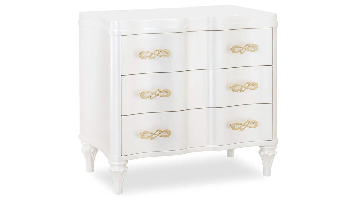 Madona transitional nightstand in pearl finish, solid wood frame, and elegant gold hardware by Cosmos Furniture 515110750