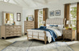 Marina Bedroom Set by Cosmos Furniture with rich wood sleigh bed (queen or king), dresser 68W x 18D x 40H inches, mirror, nightstand, and chest 42W x 18D x 54H inches, styled in a classic transitional design.
