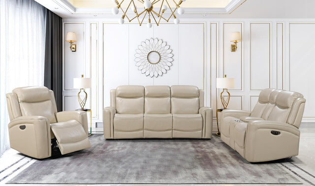 Mason Motion Living Room Set with power sofa (85×38×40), loveseat with console (75×38×40), and power recliner (39×38×40). Includes LED lighting and dual power recline.