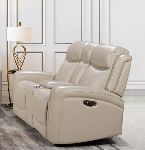 Beige recliner sofa in a room with a lamp and decorative wall.