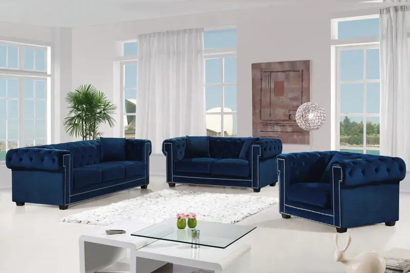 Meridian Furniture - Bowery 3 Piece Living Room Set In Navy - 614Navy-S-3Set