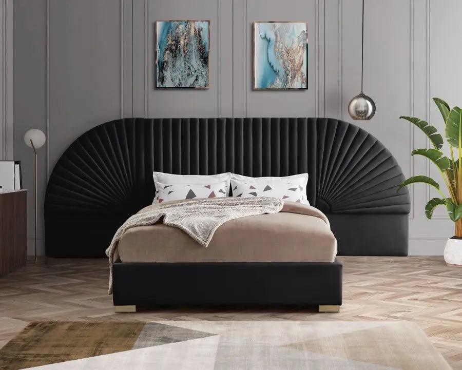 Meridian Furniture - Cleo Velvet Queen Bed In Black - Cleoblack-Q