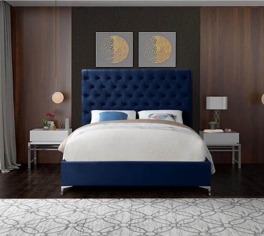 Meridian Furniture - Cruz Velvet King Bed In Navy - Cruznavy-K