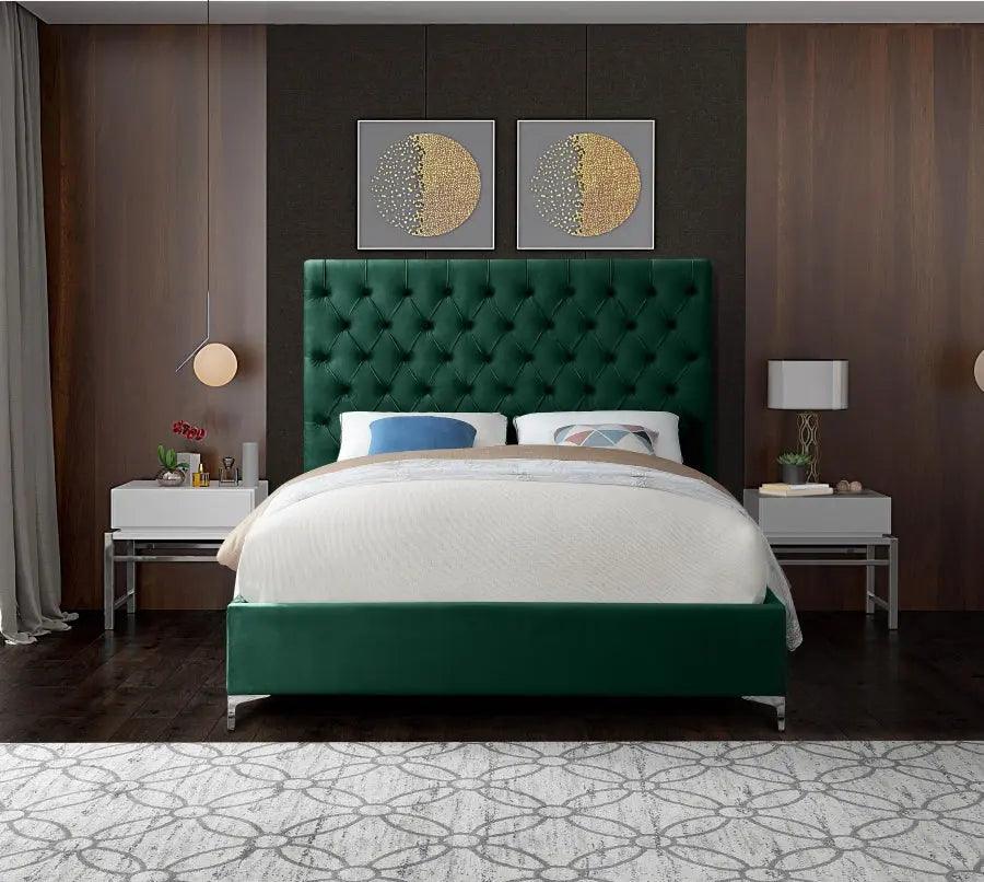 Meridian Furniture - Cruz Velvet Queen Bed In Green - Cruzgreen-Q