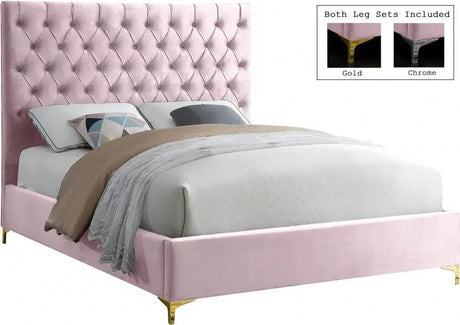 Meridian Furniture - Cruz Velvet Queen Bed In Pink - Cruzpink-Q