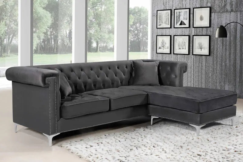 Meridian Furniture - Damian Velvet Reversible Sectional In Grey - 608Grey-Sectional