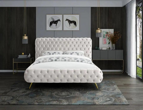 Meridian Furniture - Delano Velvet Queen Bed In Cream - Delanocream-Q