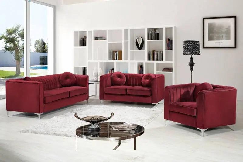 Meridian Furniture - Isabelle 3 Piece Living Room Set In Burgundy - 612Burg-S-3Set