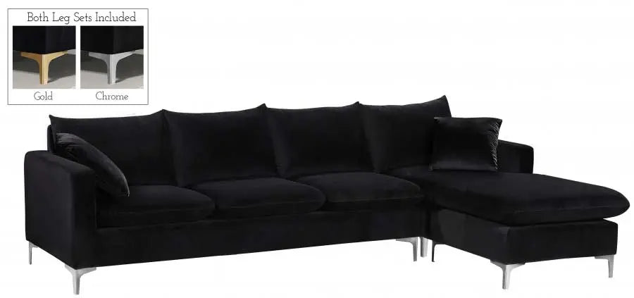 Meridian Furniture - Naomi Velvet Reversible Sectional In Black - 636Black-Sectional