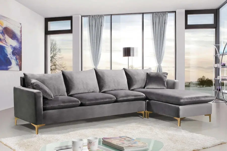 Meridian Furniture - Naomi Velvet Reversible Sectional In Grey - 636Grey-Sectional