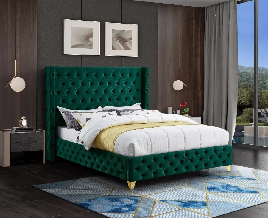 Meridian Furniture - Savan Velvet King Bed In Green - Savangreen-K