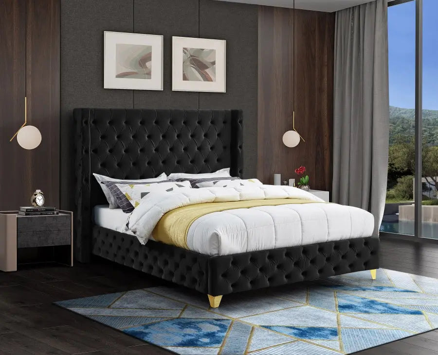 Meridian Furniture - Savan Velvet Queen Bed In Black - Savanblack-Q