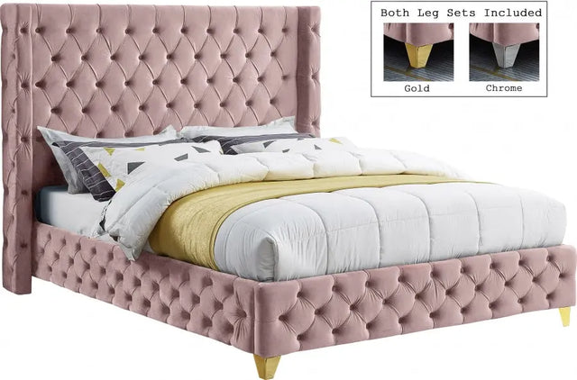 Meridian Furniture - Savan Velvet Queen Bed In Pink - Savanpink-Q