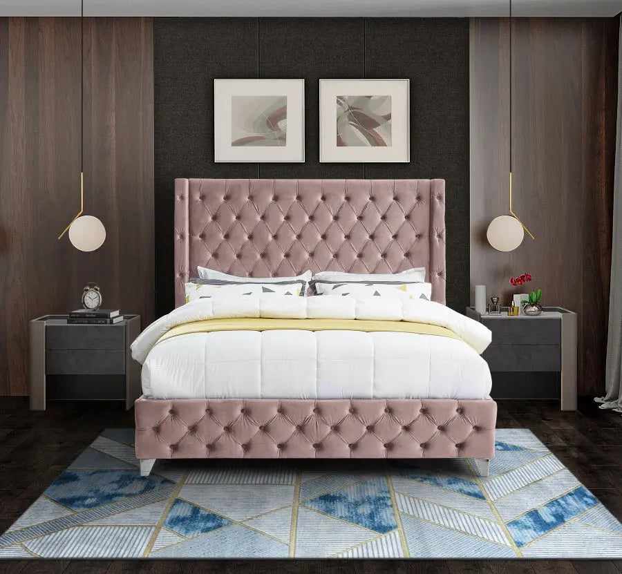 Meridian Furniture - Savan Velvet Queen Bed In Pink - Savanpink-Q