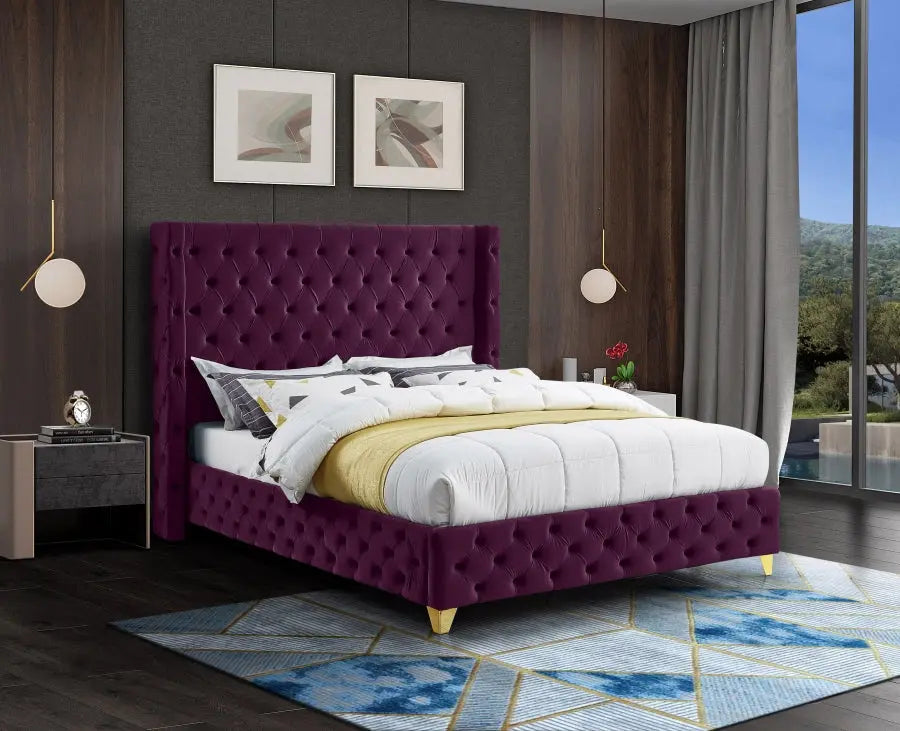 Meridian Furniture - Savan Velvet Queen Bed In Purple - Savanpurple-Q