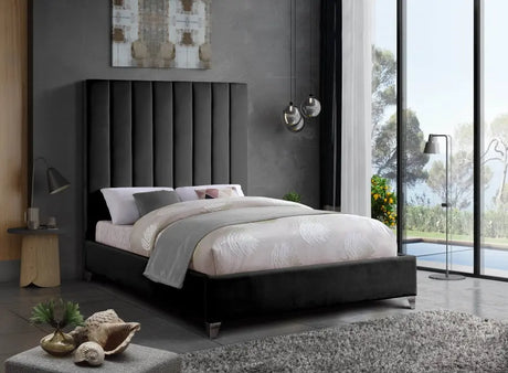 Meridian Furniture - Via Velvet Queen Bed In Black - Viablack-Q