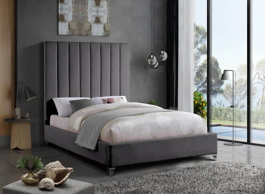 Meridian Furniture - Via Velvet Queen Bed In Grey - Viagrey-Q