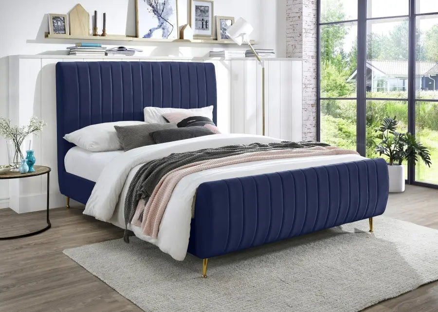 Meridian Furniture - Zara Velvet Queen Bed In Navy - Zaranavy-Q