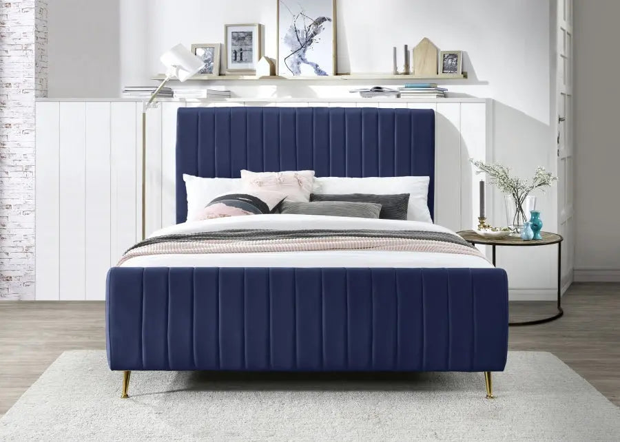 Meridian Furniture - Zara Velvet Queen Bed In Navy - Zaranavy-Q