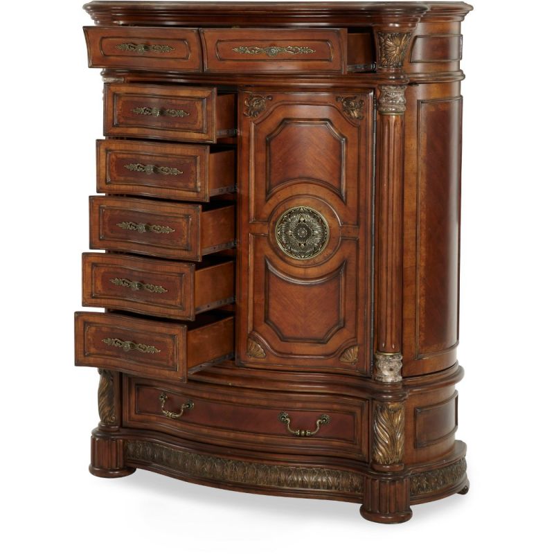 Michael Amini Villa Valencia Gentleman’s Chest – Luxury Chestnut Wood with Marble Accents open drawers