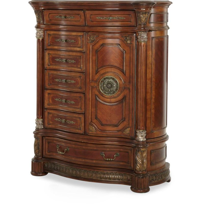 Michael Amini Villa Valencia Gentleman’s Chest – Luxury Chestnut Wood with Marble Accents front view
