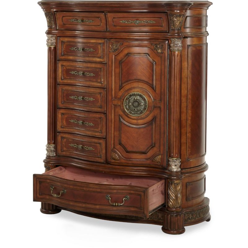 Michael Amini Villa Valencia Gentleman’s Chest – Luxury Chestnut Wood with Marble Accents open bottom drawer