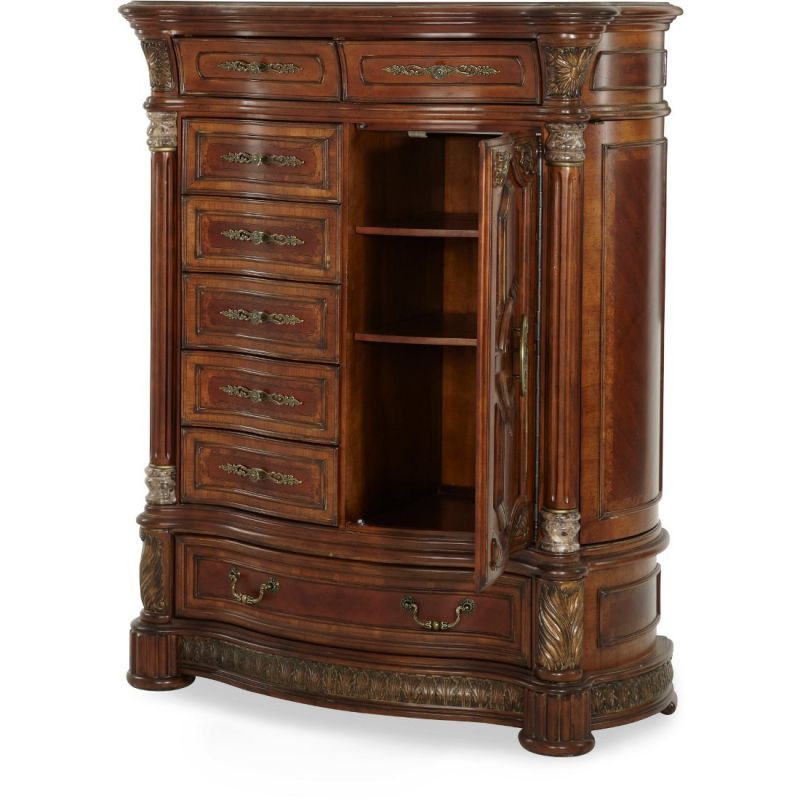 Michael Amini Villa Valencia Gentleman’s Chest – Luxury Chestnut Wood with Marble Accents open door