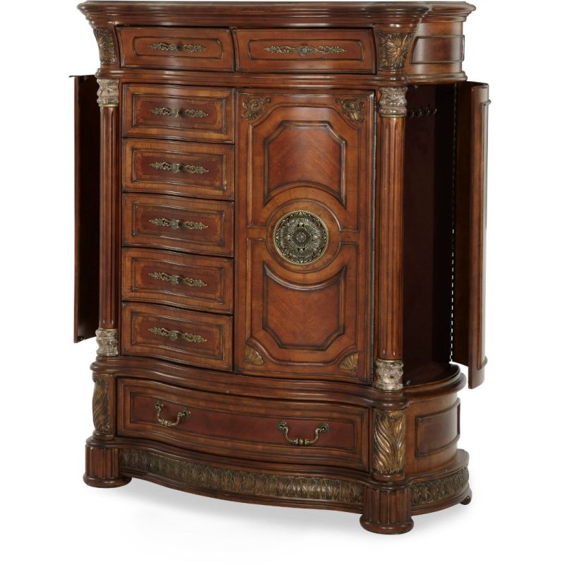 Michael Amini Villa Valencia Gentleman’s Chest – Luxury Chestnut Wood with Marble Accents open side doors