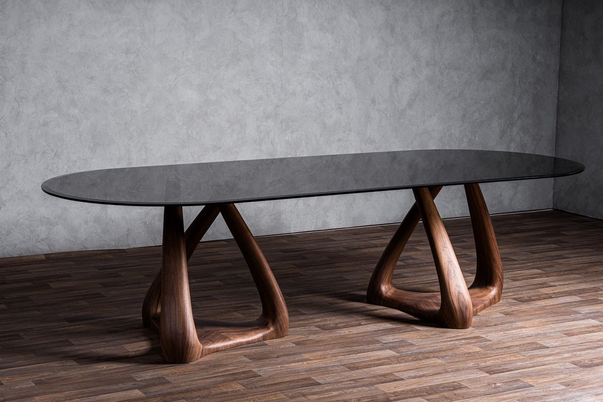 Modrest Christy - Mid-Century Modern Grey Glass + Walnut Oval Dining Table - Home Elegance USA