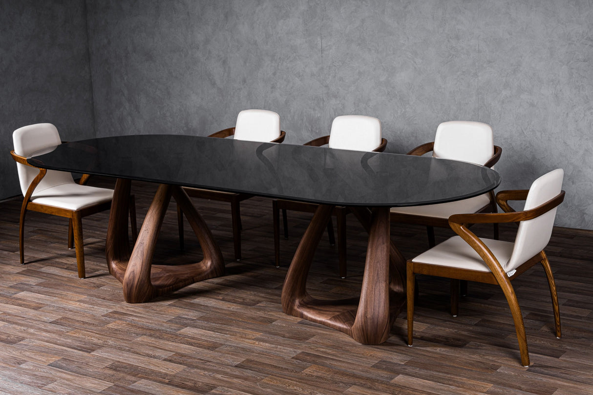 Modrest Christy - Mid-Century Modern Grey Glass + Walnut Oval Dining Table - Home Elegance USA